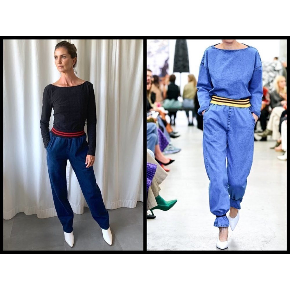 💕RACHEL COMEY💕 Doxa Pant Striped Elastic Waist Acid Wash Denim Navy Large NWT